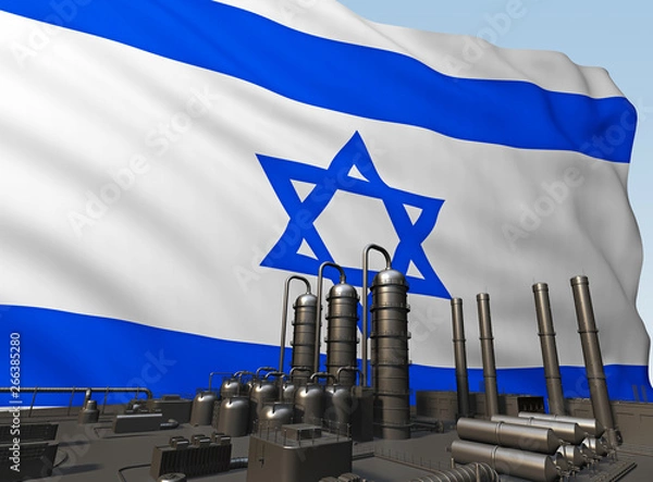 Fototapeta black factory in front of flag Israel