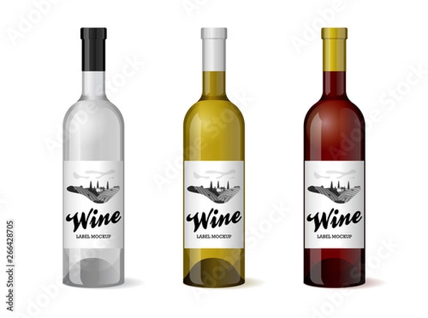 Obraz Wine bottle with hand-drawn label retro vintage design template set. Alcohol industry vineyard wine grapes hills farm emblem. Monochrome romantic rural landscape, black on white. Vector illustration