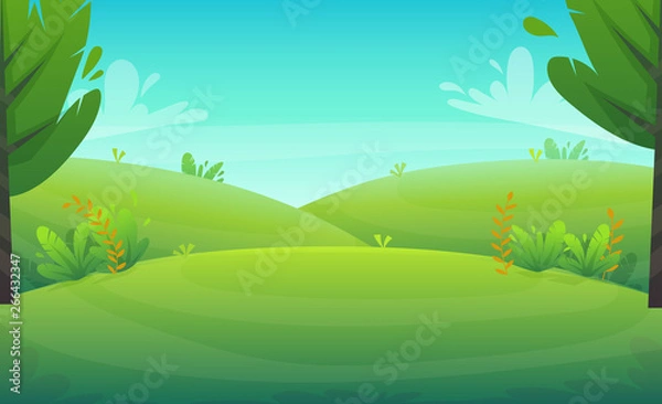 Obraz green grass barbeque grill at park or forest trees and bushes flowers scenery background , nature lawn ecology peace vector illustration of forest nature happy funny  picnic cartoon style landscape