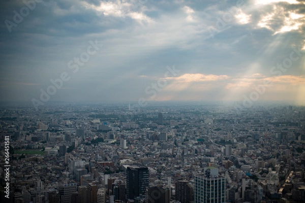 Fototapeta 雲間から光が差し込む東京の市街地