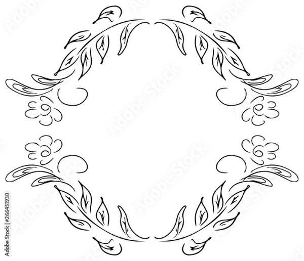 Fototapeta Wreath of black roses or peonies flowers and branches isolated of white. Foral frame design elements for invitations, greeting cards, posters, blogs. Hand drawn illustration. Line art. Sketch