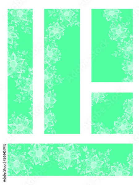 Fototapeta Set of five web banner templates with hand drawn flowers. Floral copy space vector illustration