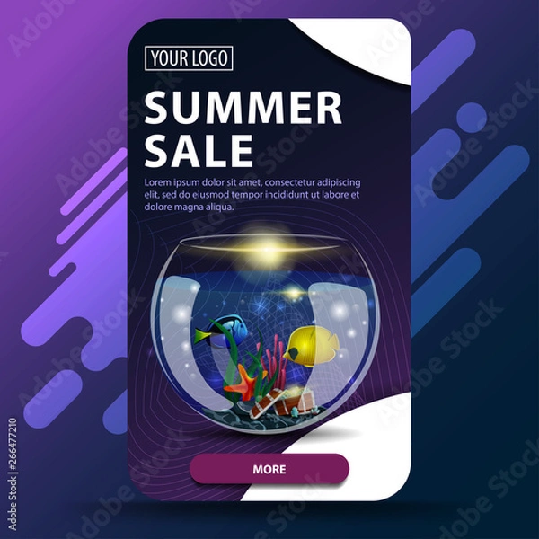 Fototapeta Summer sale, vertical web banner with modern design for your website with round aquarium with fish