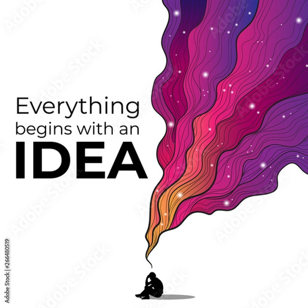 Fototapeta Vectors hand draw illustration of thinking silhouette of man with colorful cosmic imaginary fluid wave on white background with motivation quotes everything begins with an idea
