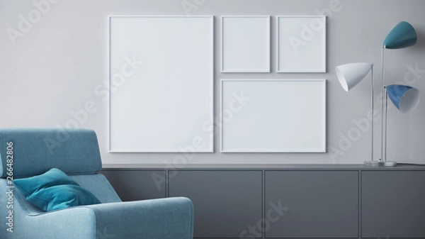Fototapeta empty room with frames and sofa 3d render