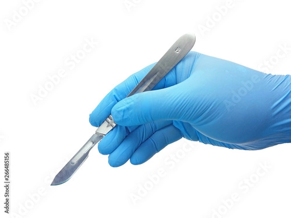 Fototapeta Hand of surgeon in blue medical glove holding a scalpel with blade isolated on white background with clipping path