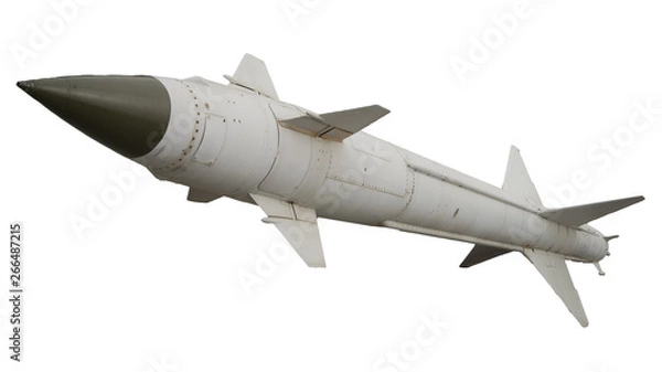 Fototapeta A missile with a warhead on a white background isolated. Weapons of mass destruction, chemical, nuclear. artillery rocket bomb