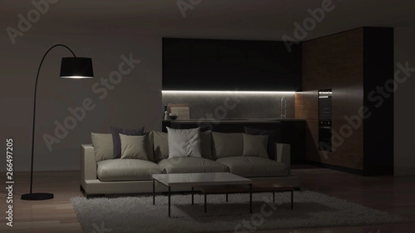 Fototapeta Modern kitchen interior. Night. Evening lighting. 3D rendering.