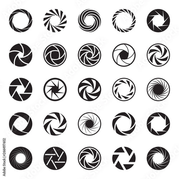 Fototapeta Camera Aperture icons. Shutter icons. Collection of 25 Back Symbols of Camera Iris Diaphragm Isolated on a White Background. Signs of Photo, Photography, Lens, etc. Vector Illustration