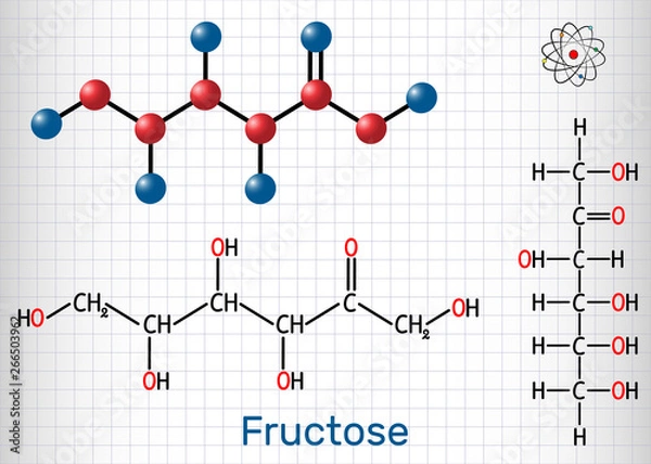 Fototapeta Fructose, D-fructose molecule. Linear form. Structural chemical formula and molecule model. Sheet of paper in a cage