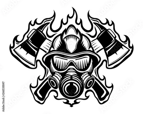 Fototapeta Firefighter with axes in flame sign on a white background.