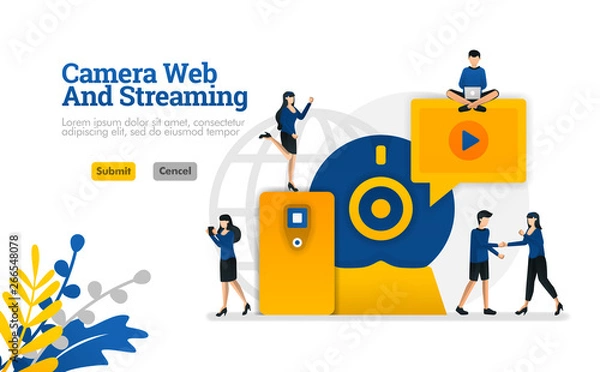 Fototapeta Camera and Streaming web, digital internet video and media development vector illustration concept can be use for, landing page, template, ui ux, web, mobile app, poster, banner, website