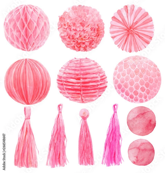 Fototapeta Pink paper lantern watercolor illustration. Festive decor isolated for fabric, wrapping paper, cards, invitations and design of children's parties and birthdays, celebrations, baby shower