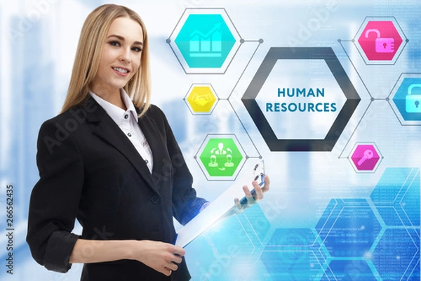 Fototapeta The concept of business, technology, the Internet and the network. A young entrepreneur working on a virtual screen of the future and sees the inscription: Human resources