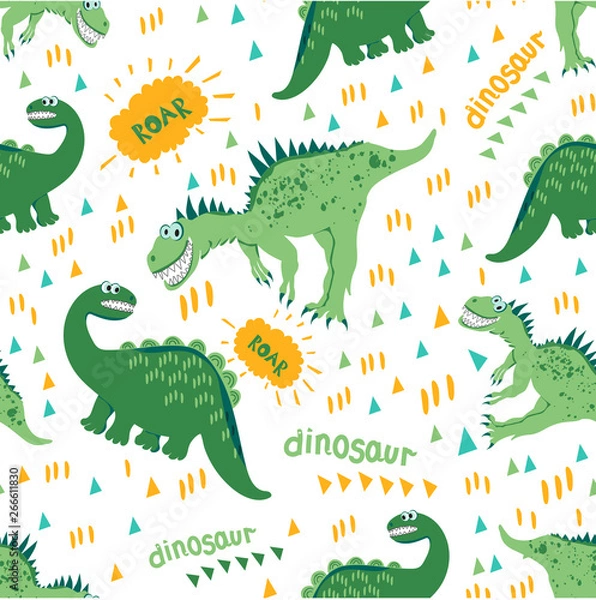 Fototapeta Seamless dinosaur pattern. Green Dino enjoy a walk and a good warm day. For registration of children's clothes, fabrics, cards, books. Style of comics and cartoons
