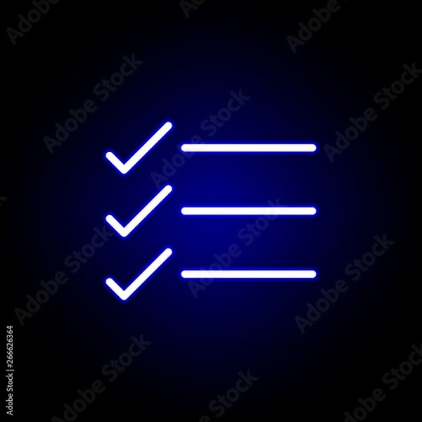 Obraz text, check mark icon in neon style. Can be used for web, logo, mobile app, UI, UX