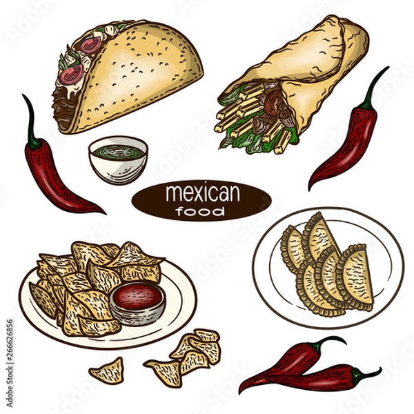 Fototapeta Vector hand drawn color set of Mexican national food.Burrito, nachos, guacamole, salsa, empanadas, tacos and chili paper in the engraving style.
