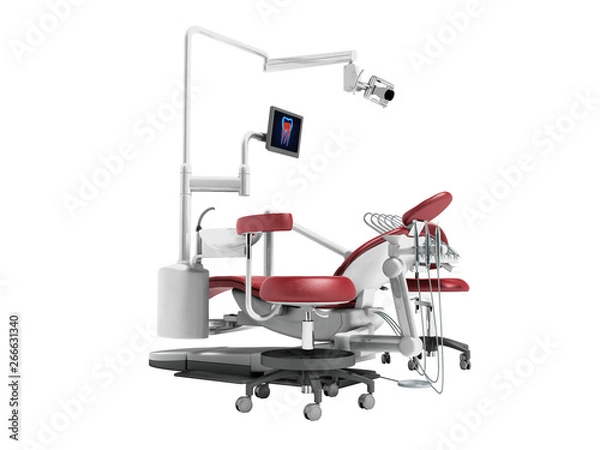 Fototapeta Modern red dental chair with borax with lighting and monitor for work 3d render on white background no shadow