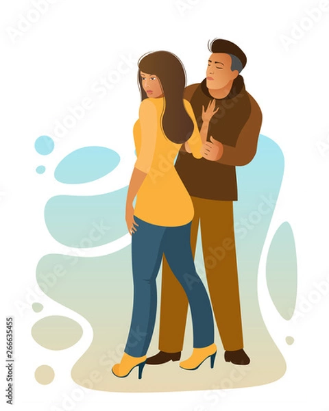 Obraz Man and woman argue. The girl pushes the guy. The couple finds out the relationship. Young people are in love with a romantic walk against the background of colored drops. Vector illustration