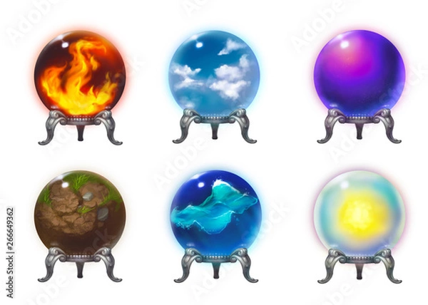 Fototapeta Crystal orbs with symbols of nature elements, fire,air, magic,earth, water and light. Witchcraft paranormal future prediction balls. Gypsy fortune-telling magical sphere isolated on white background.