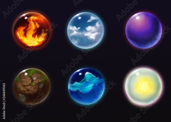 Fototapeta Shiny crystal orbs with symbols of nature elements, fire,air, magic,earth, water and light. Witchcraft paranormal future prediction balls. Gypsy fortune-telling magical sphere.