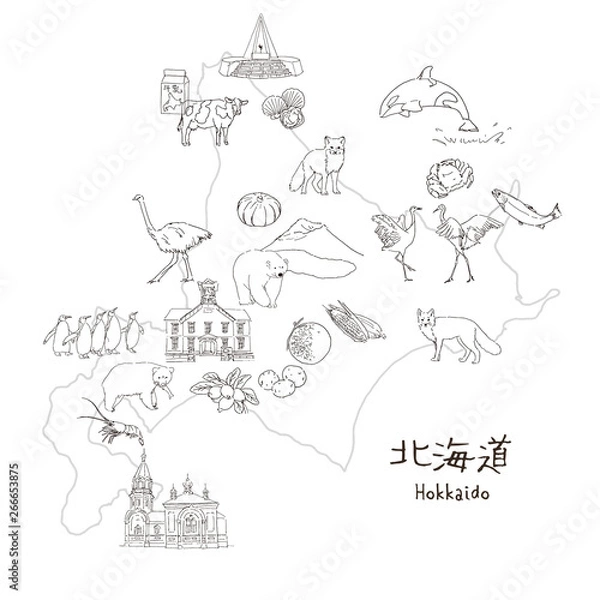 Fototapeta 北海道観光名産手書きスケッチイラストマップ