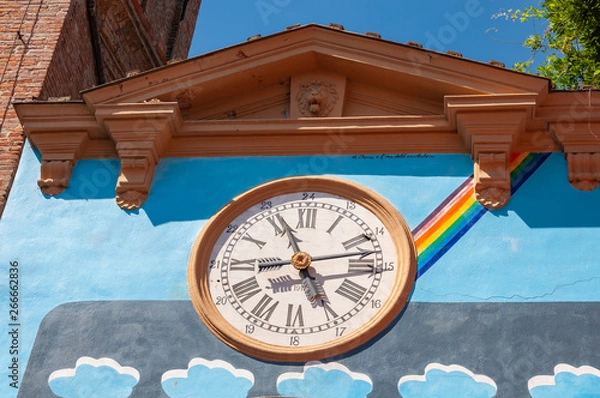Obraz Dozza Italy: Detail of the ancient village with wall clock. City in the Emilia Romagna region famous for its murals and the castle