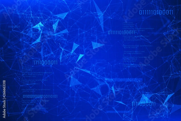 Obraz Geometric blue polygonal plexus background for communication concept. Code for programming. 3d rendering