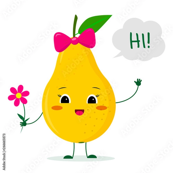 Obraz Kawaii cute yellow pear fruit cartoon character with a pink bow holding a flower and welcomes. Logo, template, design. Vector illustration, a flat style
