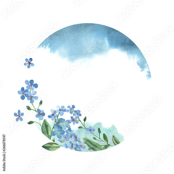 Fototapeta Round frame of blue forget-me-not flowers with green leaf and paint splash
