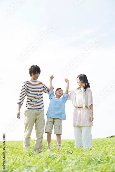 Fototapeta 草原で手をつなぐ家族
