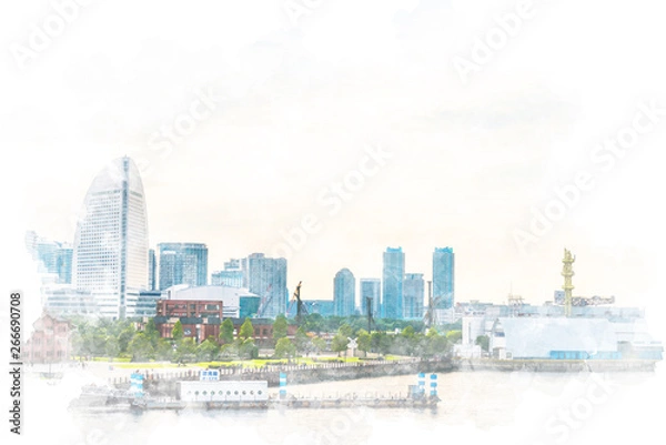 Fototapeta 夕方の横浜みなとみらい　The clouds of nightfall in Minatomirai. Illustration of watercolor painting style.