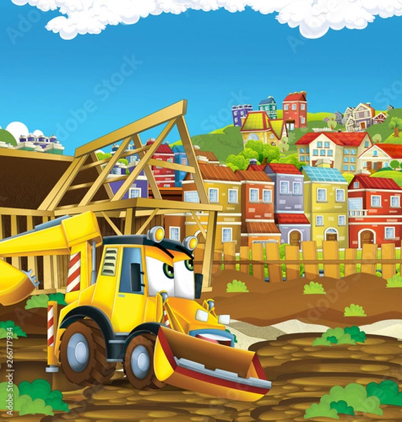 Fototapeta cartoon scene with digger excavator or loader on construction site - illustration for the children
