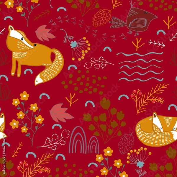 Fototapeta Summer forest seamless pattern background with a fox