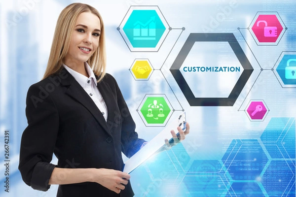 Fototapeta The concept of business, technology, the Internet and the network. A young entrepreneur working on a virtual screen of the future and sees the inscription: Customization