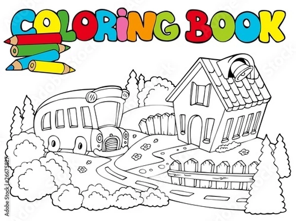 Obraz Kolorowanka ze szkołą i autobusem