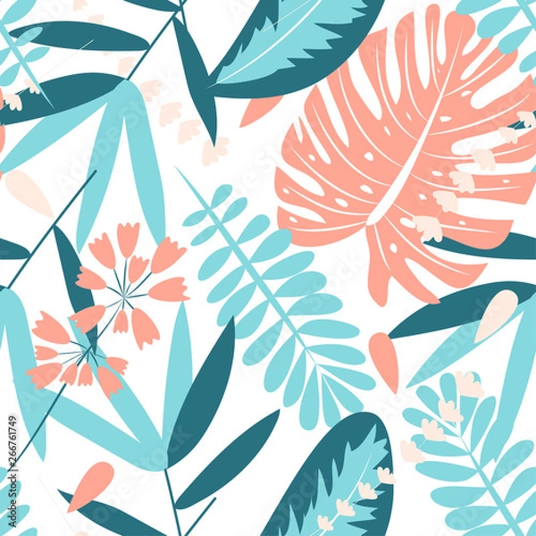 Fototapeta Summer seamless pattern with tropical plants on white background. Vector design. Flat jungle print. Floral background.