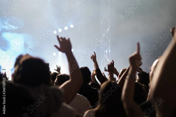 Fototapeta hands to the skies of people dancing and having fun at the live music concert