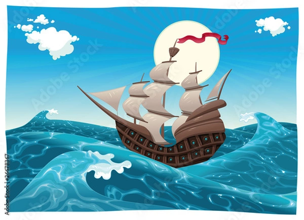 Fototapeta Galleon in the sea. Vector illustration, isolated objects