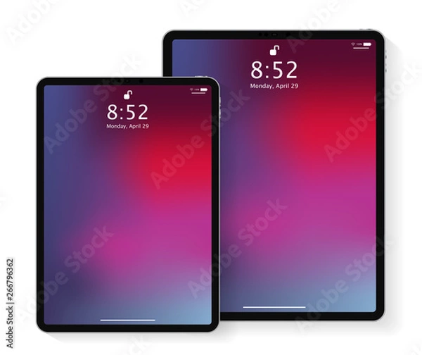 Obraz Realistyczny ekran blokady komputera typu tablet z abstrakcyjną kolorową geometryczną tapetą. Duży i mały nowoczesny projekt Tablet PC na białym tle. Ilustracji wektorowych