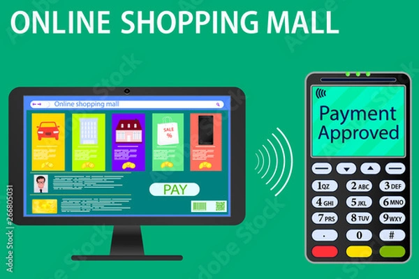 Fototapeta Vector drawing on the topic online payments. Image computer screen and terminal. E-commerce, online shopping mall depicted on bright, color background