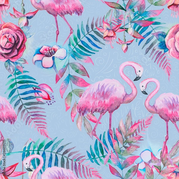 Fototapeta Exotic composition of tropical birds pink flamingo. Jungle beach seamless pattern wallpaper with leaves and flowers background