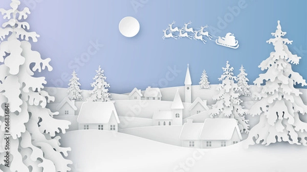 Obraz Landscape of snowy countryside and Santa Claus flying on the sky in winter. Merry Christmas and Happy New Year. paper art design. vector, illustration.