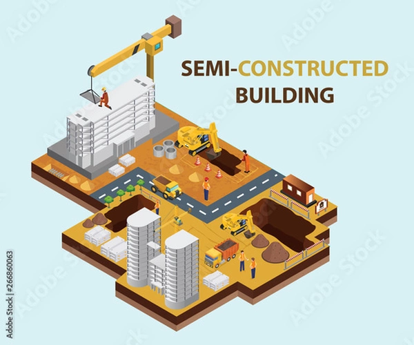 Fototapeta Isometric Artwork Concept of Semi Constructed Building