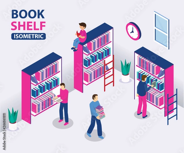 Fototapeta Isometric Artwork Concept of Book Shelf's in a Library