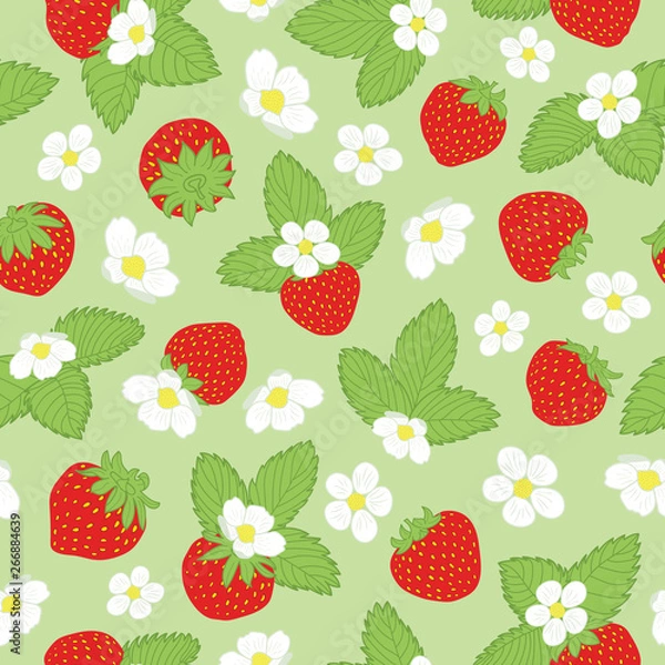 Fototapeta Green, red and white floral vector seamless pattern with strawberries, leaves and flowers. Spring and summer design for fabric, wrapping paper, berries packaging, kitchen or garden decor.