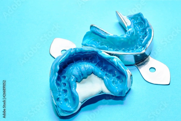 Fototapeta Two dental impressions on a blue background with copy space. Dental molds from the upper and lower jaws of silicone material. The imprint of the tooth row of high precision.