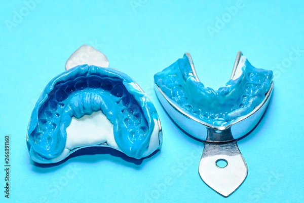 Fototapeta Two dental impressions on a blue background. Dental molds from the upper and lower jaws of silicone material. The imprint of the tooth row of high precision.