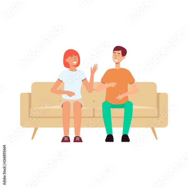 Obraz Couple sitting on couch and laughing cartoon style
