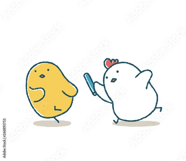 Obraz ゆるいにわとりとひよこのリレー